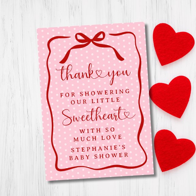A Little Sweetheart Pink Red Bow Girl Baby Shower Dankeskarte (Von Creator hochgeladen)