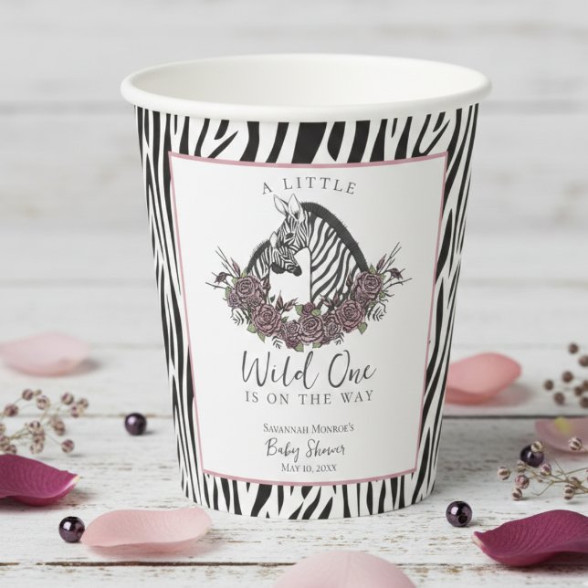 A Little Wild One Baby Shower Zebra Print Pappbecher (A Little Wild One Baby Shower Paper Cups for Mother to Be. Cute Wild Animals Zebra, Mauve Pink Roses)
