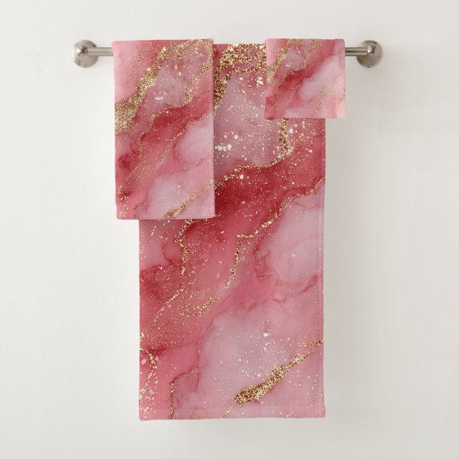A luxurious pink marble background badhandtuch set (Insitu)
