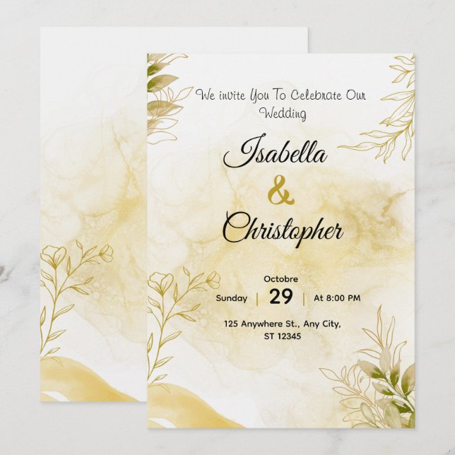A luxurious wedding invitation in elegant gold (Devant / Derrière)