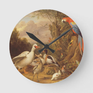 A Macaw, Ducks, Parrots and Other Birds in a Lands Runde Wanduhr