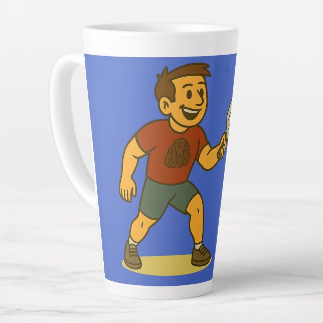 A man playing pickleball with the pickles dog milchtasse (Linke Ecke)