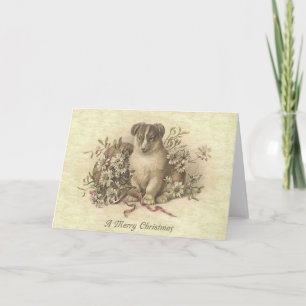 A Merry Christmas Adorable Dog with Flowers Feiertagskarte