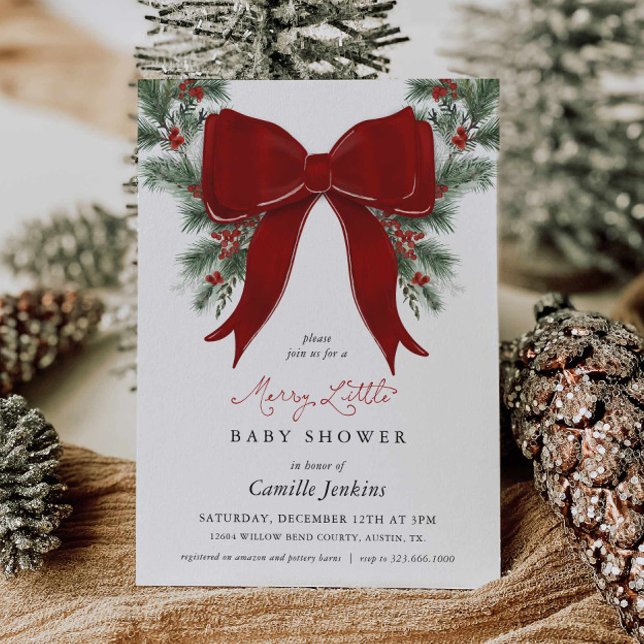 A Merry Little Christmas Baby Shower Invitation Einladung (Merry Little Christmas Baby Shower Red bow and wreath)