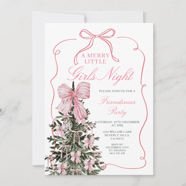 A Merry Little Girls Night Pink Bow Christmas Tree Einladung (Vorderseite)