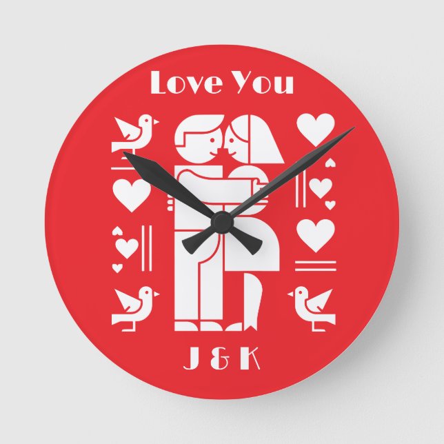 A modern Bauhaus personalized Valentine’s Day Runde Wanduhr (Vorderseite)