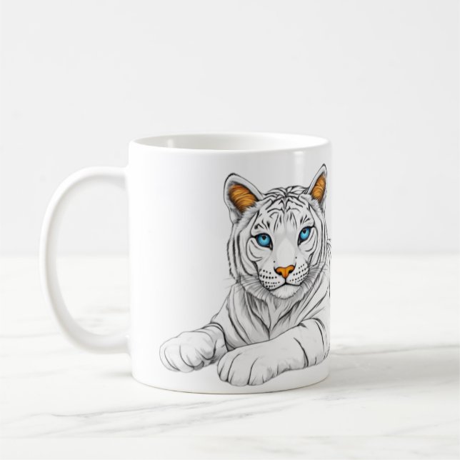 A mug with the image of a tiger with burning eyes. (Gauche)