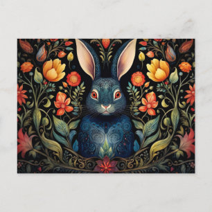 a mystical rabbit surrounded by flowers   postkarte