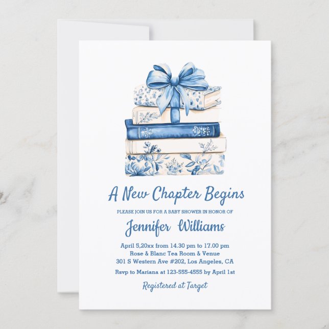 a new chapter begins blue bow books baby shower  einladung (Vorderseite)