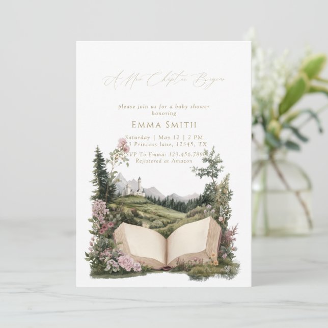 A new Chapter begins enchanted baby shower Einladung (Stehend Vorderseite)