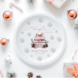 A New Chapter Begins, Pink Bow Winter Baby Shower Pappteller