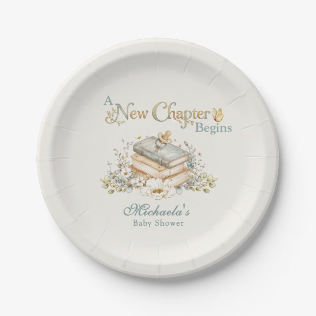 A New Chapter Begins Rustic Book Theme Baby Shower Pappteller (Vorderseite)
