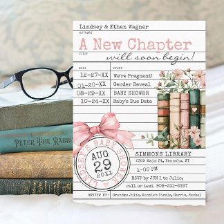 A New Chapter Library Card Books Pink Baby Shower Einladung