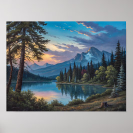 A painting of a mountain lake and trees in evening poster