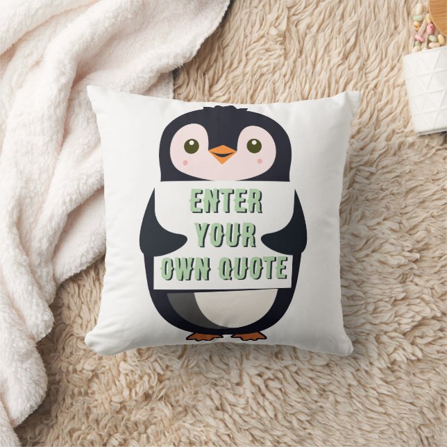A penguin holding a sign with customizable text kissen (Decke)
