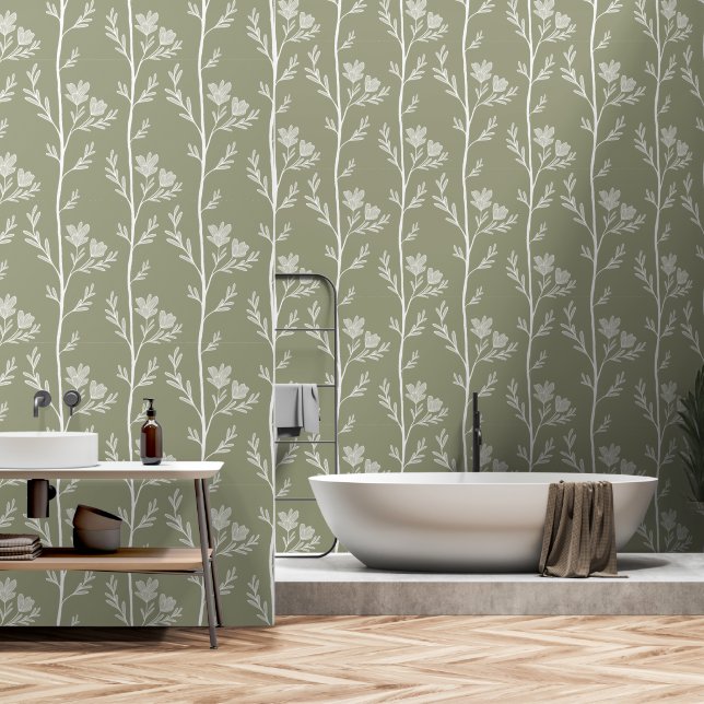 A Quiet Journey XL2 white flowers pistachio green Tapete (Badezimmer)