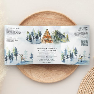 A-Rahmen-Hütten-Bergwald-QR-Code-Hochzeit Dreifach Gefaltete Einladung
