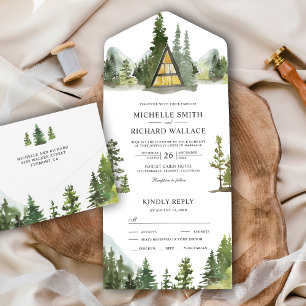 A-Rahmen-Hütten-Lodge Rustikale Bergwald-Hochzeit All In One Einladung