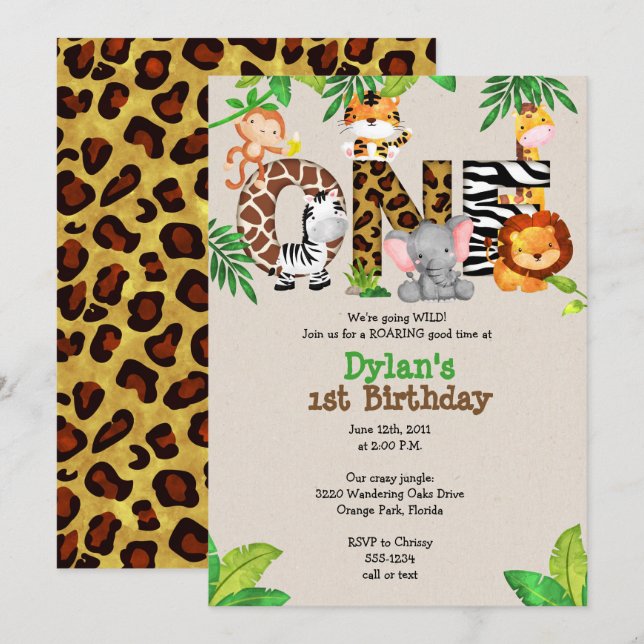 Ă?res invitations de fête d'anniversaire de jungle (Devant / Derrière)