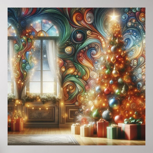 A Retro Style Christmas Tree With Presents on Wall Poster (Vorne)