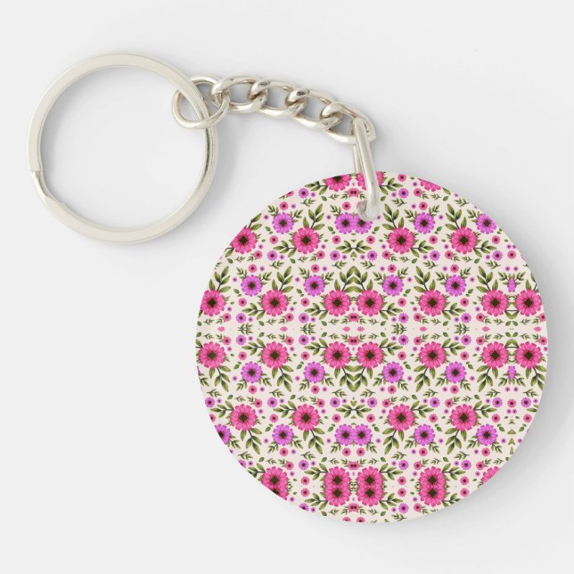 A round keychain with a vibrant pink and green  (Devant)