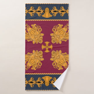 A scarf with a pattern of gold heads of lions and