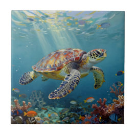 A Sea Turtle and Sun Rays in the Ocean Blue Fliese