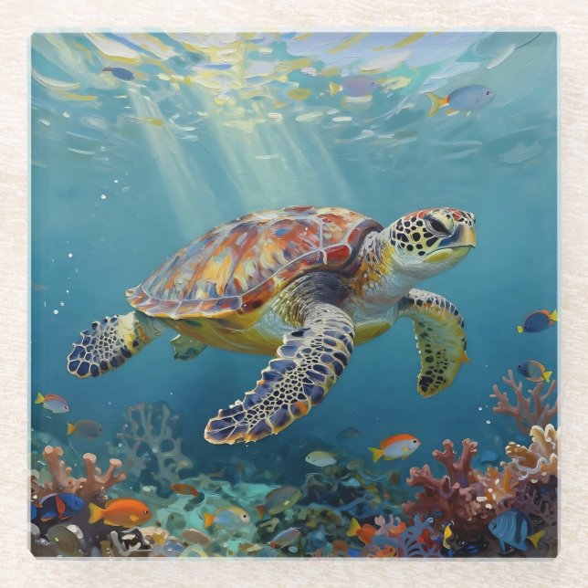 A Sea Turtle and Sun Rays in the Ocean Blue Glasuntersetzer (Vorderseite)