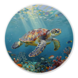A Sea Turtle and Sun Rays in the Ocean Blue Keramikknauf