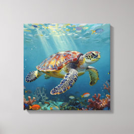 A Sea Turtle and Sun Rays in the Ocean Blue Leinwanddruck