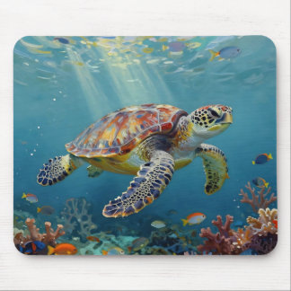 A Sea Turtle and Sun Rays in the Ocean Blue Mousepad