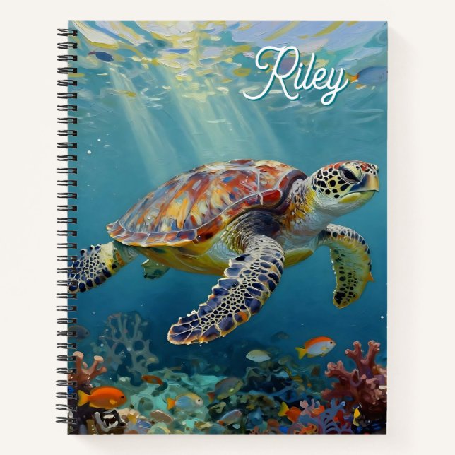A Sea Turtle and Sun Rays in the Ocean Blue Notizbuch (Vorderseite)