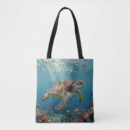 A Sea Turtle and Sun Rays in the Ocean Blue Tasche