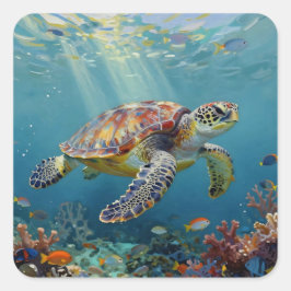 A Sea Turtle Themed Teal Quadratischer Aufkleber