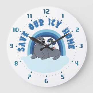 A seal and a penguin "Save Our Icy World" cartoon Große Wanduhr