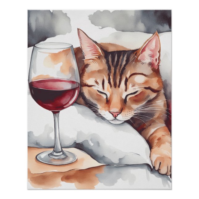 A Sleeping Cat And Red Wine Glass, Cat Lover Poster (Vorderseite)