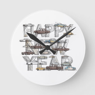 a smart happy new year design for cars lovers runde wanduhr
