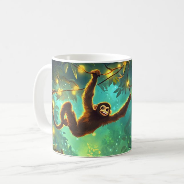 A smiling young monkey swinging through lush tropi kaffeetasse (Vorderseite Links)