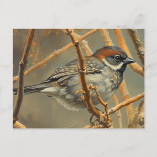 A sparrow, resting, sits on a bush branch postkarte