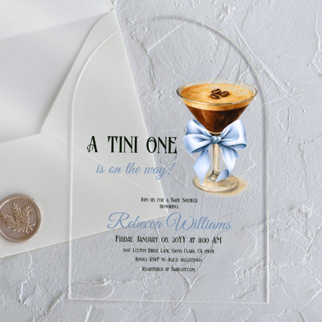 A Tini One Blue Bow Espresso Martini Babydusche Acryleinladungen (Von Creator hochgeladen)