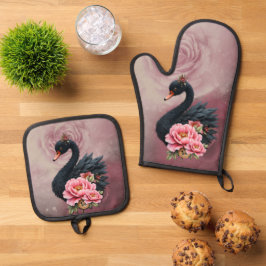 A touch of rose and swan's glow. ofenhandschuh & Topflappen-Set