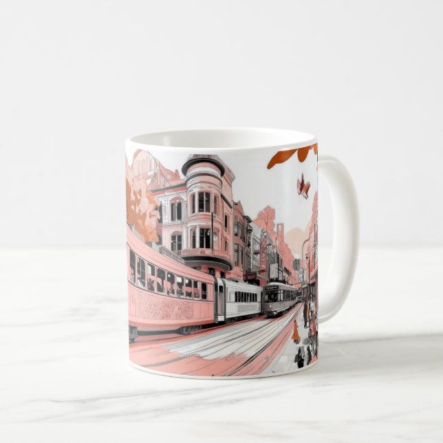 A tram in a retro illustration style, reminiscent  kaffeetasse (VorderseiteRechts)