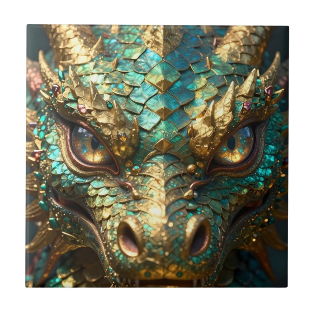 A Turquoise and Gold Dragon Mystical Fliese (Vorderseite)