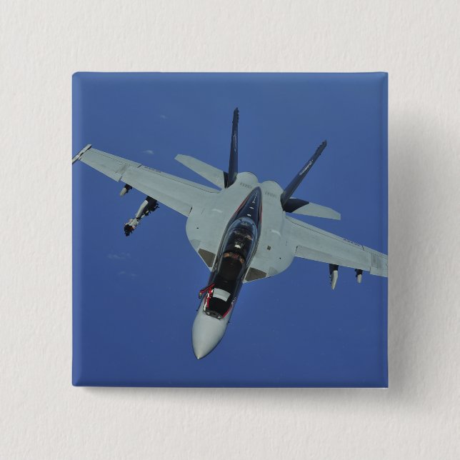 A US Navy F/A-18F Super Hornet im Flug Button (Vorderseite)