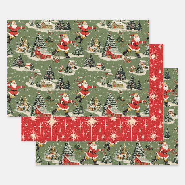 A Very Retro Merry & Bright Santas Geschenkpapier Set (Set)