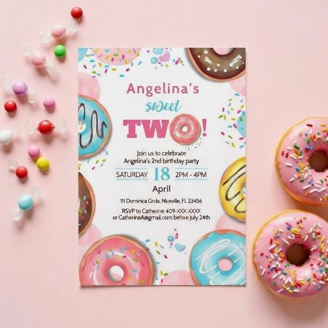A vibrant 2nd birthday invitation with donuts.  einladung (Von Creator hochgeladen)