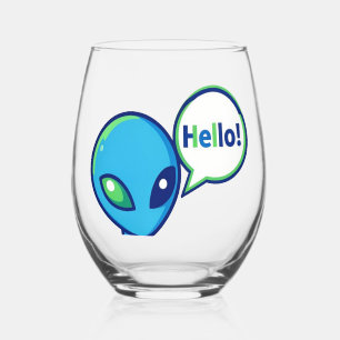 À Vin Sans Pied Alien bleu mignon disant bonjour Verre