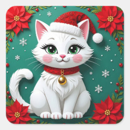 A White Festive Cat with a Christmas Background Quadratischer Aufkleber