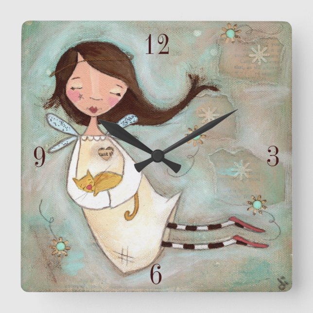 A Wing and A PUrr - Wall Clock Quadratische Wanduhr (Vorderseite)
