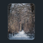 A Winters Day in Kluisbos Belgium Magnet<br><div class="desc">A snow covered Kluisbos Forest in the Flemish Ardennes, captures the quiet beauty of the winter season in Kluisbergen, Belgium. The light dusting of snow adds a delicate touch to the landscape, with trees framing the snow covered path in this picturesque winter landscape. Great souvenir of your trip to the...</div>